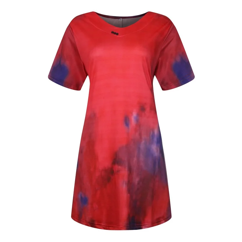 

2021 The New Large-size Women's Slim and Slim V-neck Small Buttons Decorated with Gradient Printed Short-sleeved T-shirt Tops