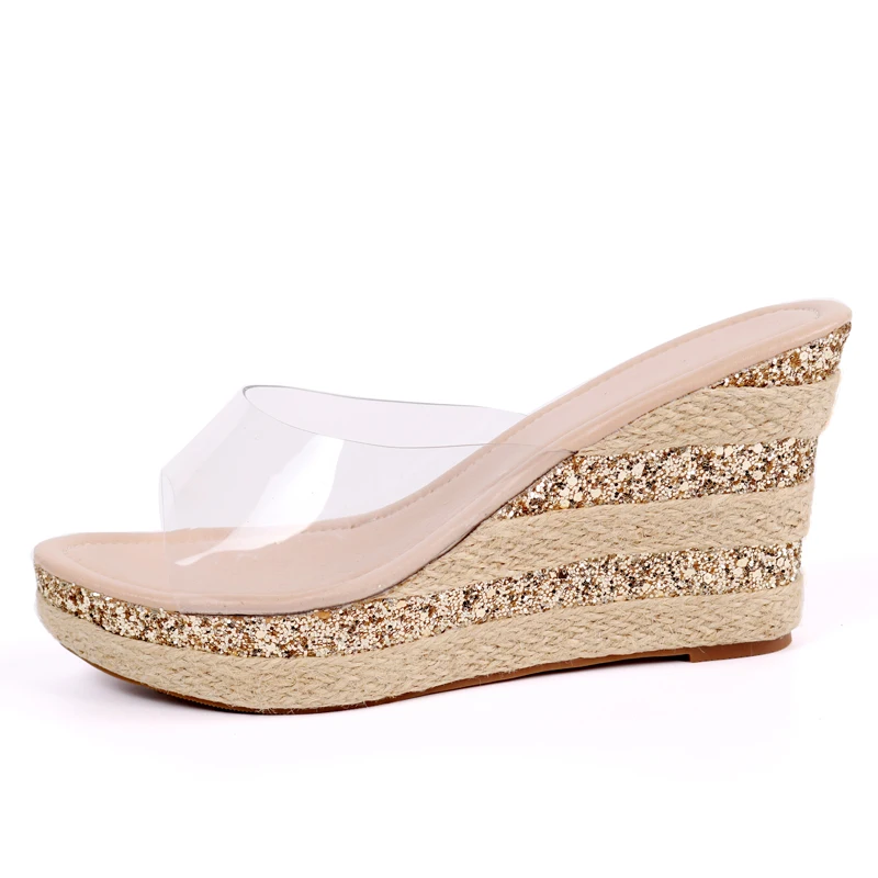 

Glitter Slides Shoes Ladies' Slippers Slipers Women Heeled Mules On A Wedge Platform Fashion Jelly Summer 2021 High Transparent