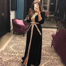 Preto marroquino kaftan caftan muçulmano vestidos de noite a linha 3/4 mangas de veludo apliques dubai árabe turquia abaya vestido islâmico (1)