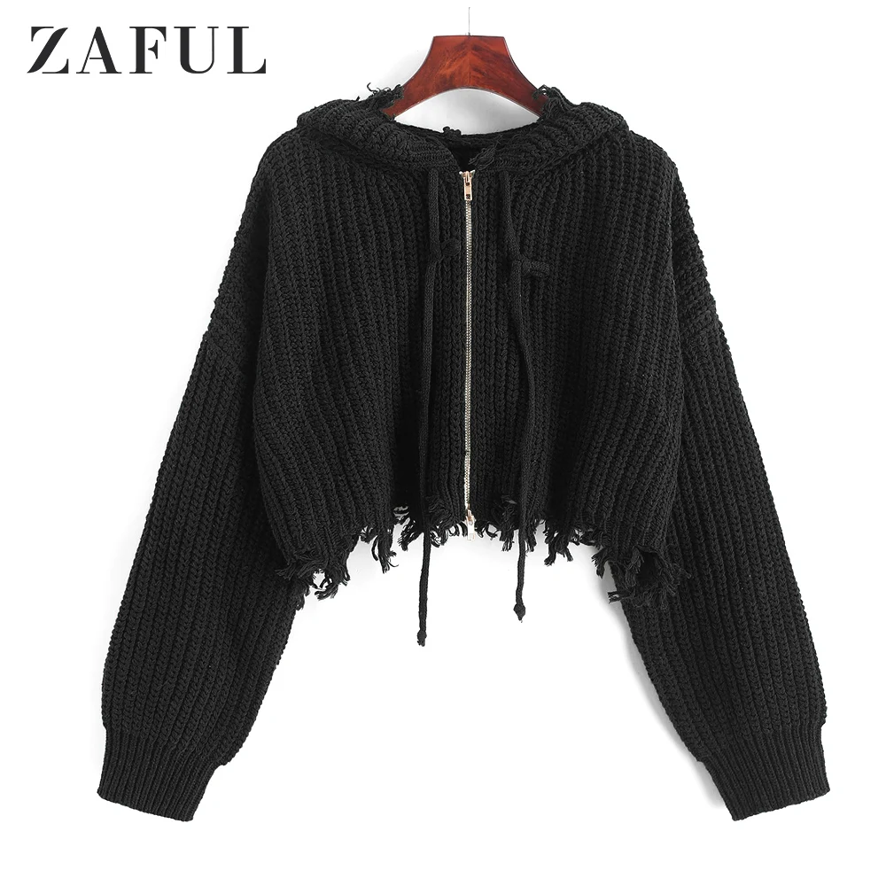 ZAFUL Hooded Zip Up Distressed Cropped Cardigan Elastic Ripped Solid Loose Short Drop Shoulder Sweater Autumn |