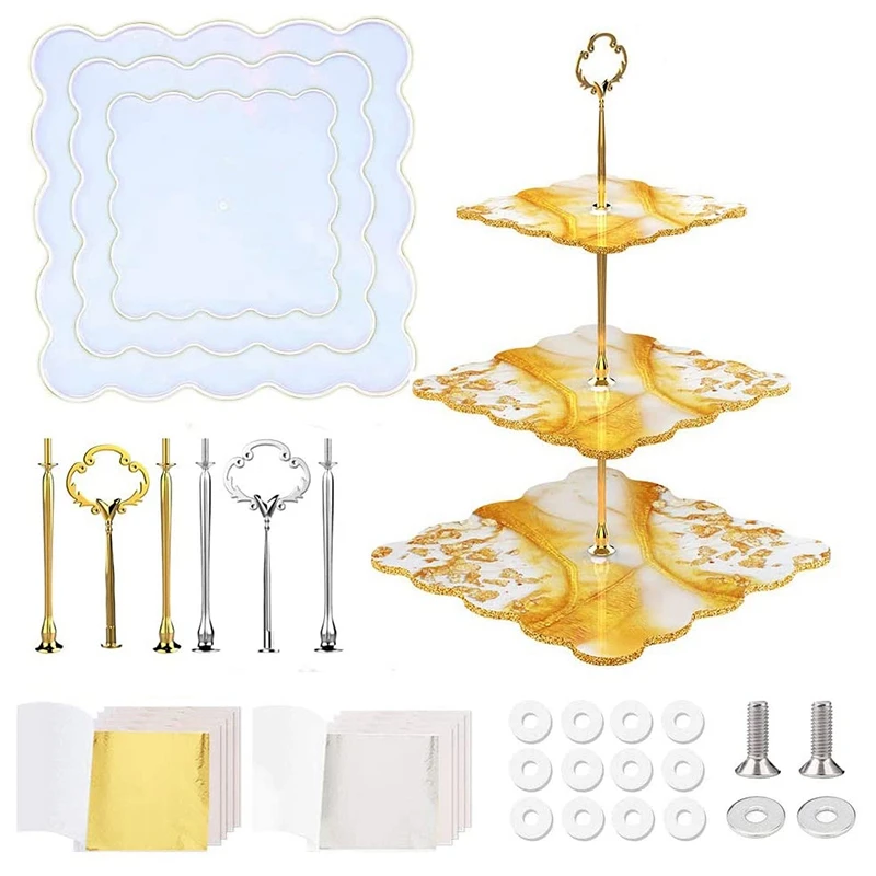 

3 Tier Cupcake Stands Resin Molds,Square Tray Silicone Casting Mold with Handle Fitting for Making Dessert Platter