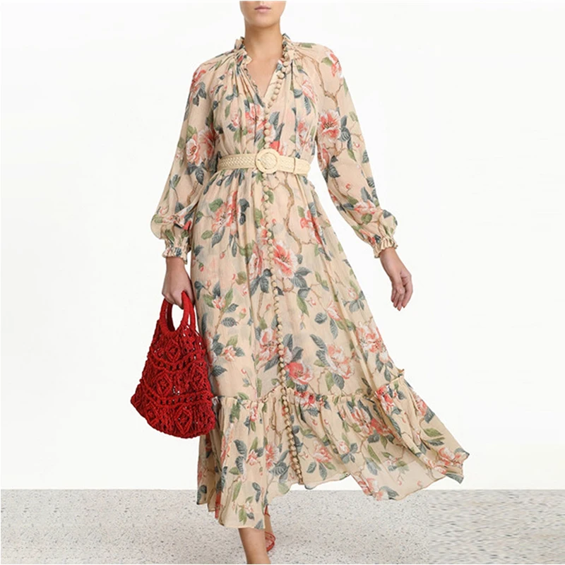 Винтажное платье со стоячим воротником с цветочным принтом и рукавами