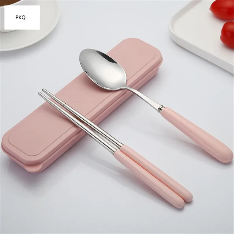 Портативный комплект посуды из нержавеющей стали с покрытием синий розовый