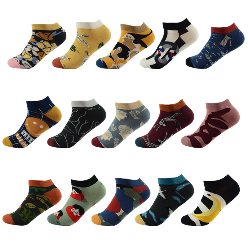 

Funny Socks Men's Fashion Smiling Face Cartoon Quality Cotton Invisible Swan Ankle Low Cut Animal Woman's Leaves Short Socks