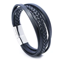 simple woven multilayer stainless steel leather bracelet european and american mens personality titanium steel leather bracelet