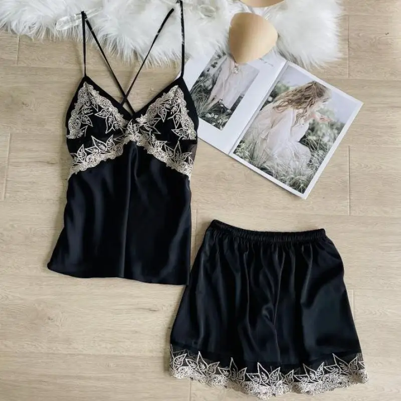 

Women Black Strap Top&Shorts Satin Silky Pajamas Set Sexy V-neck 2PCS Sleepwear Femme Sleep Set Lace Patchwork Pijamas Suit