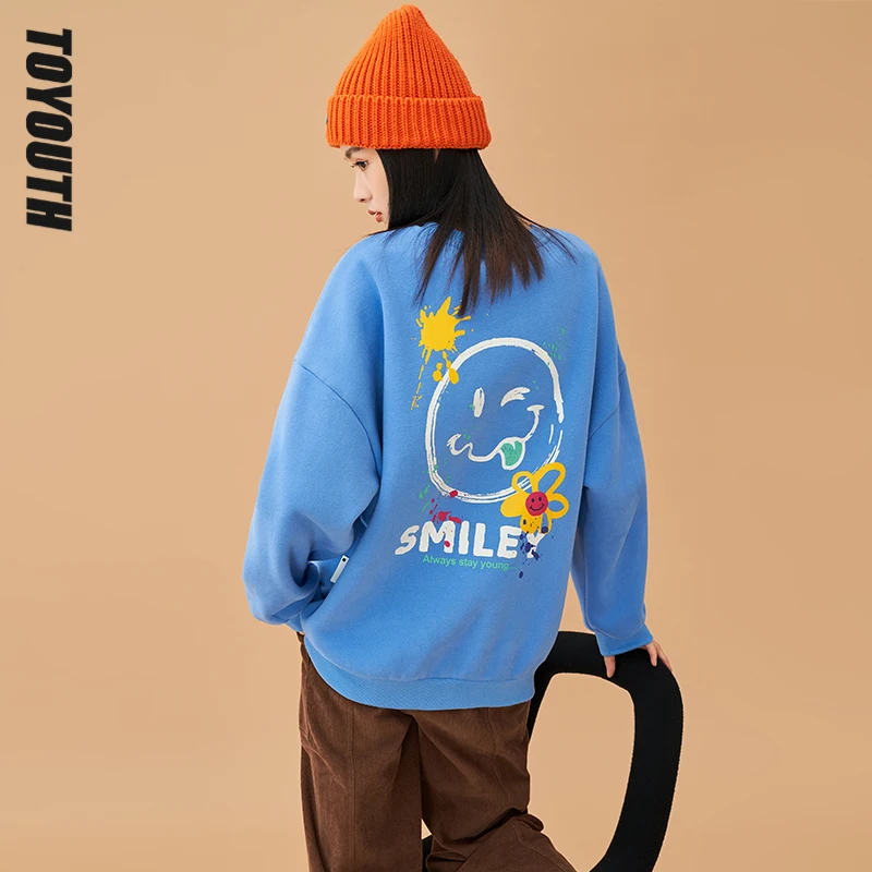

Toyouth Women Sweatshirts Spring Autumn Loose Pullovers Hand-painted Smiley Flower Print Cotton lined Chic Casual Hoodies