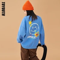 toyouth women sweatshirts 2021 winter loose pullovers hand painted smiley flower print cotton lined chic casual hoodies