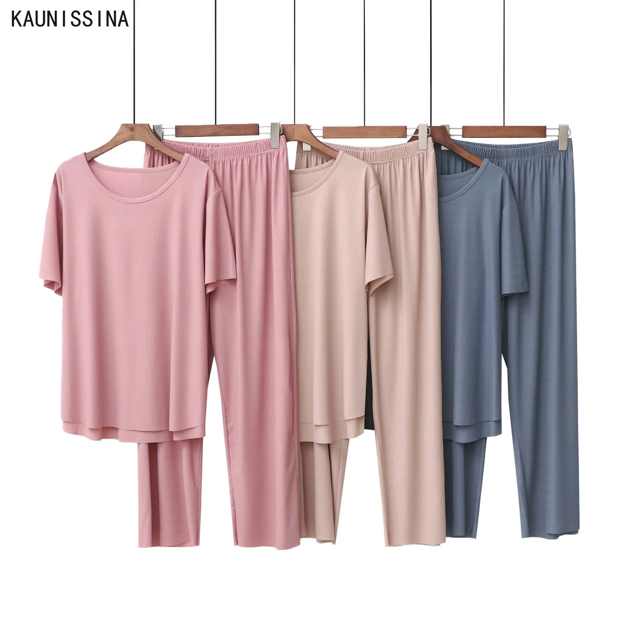 

Women Loose Sleepwear Two Piece Pajama Set Short Sleeve Long Pants O-Neck Homewear Sets Female Summer Autumn Modal Loungewear