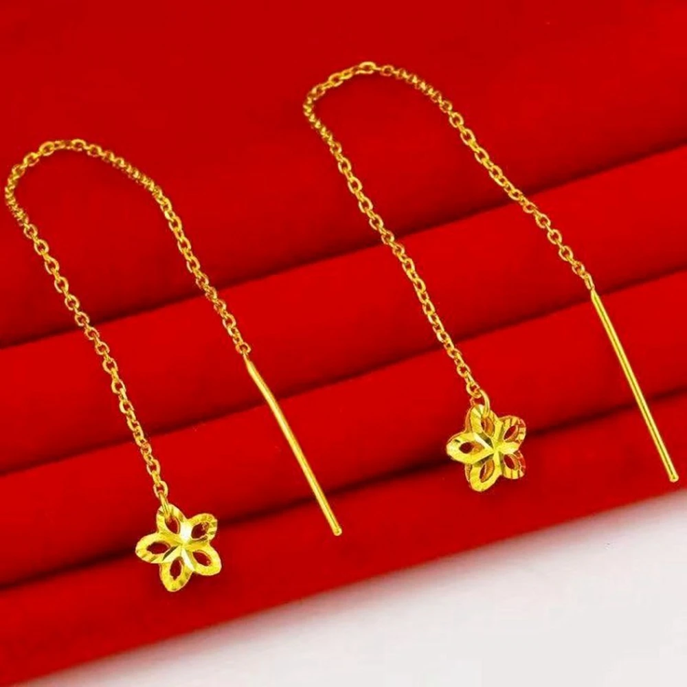 

Women Long Linear Chain Dangle Ear Line Threader Earrings 5 Star Fashion Jewelry Yellow Gold Filled