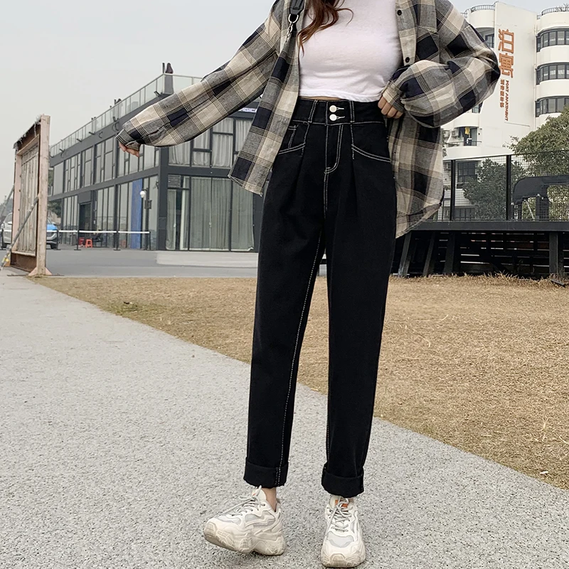 

Ins style straight jeans women's spring and autumn 2021 new loose high waist thin black short pants