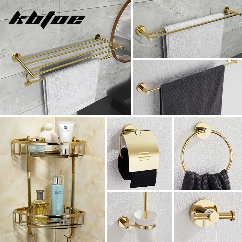 Gold Modern Bathroom Accessories Brass Hardware Set Polished Towel Bar Toilet Paper Holder Robe Hook Towel Ring Storage Basket