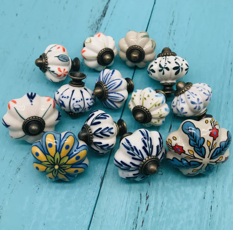 Мульти Цвет Керамика дверная ручка 1 шт. ручной работы тыквы ручки шкафа с синий и