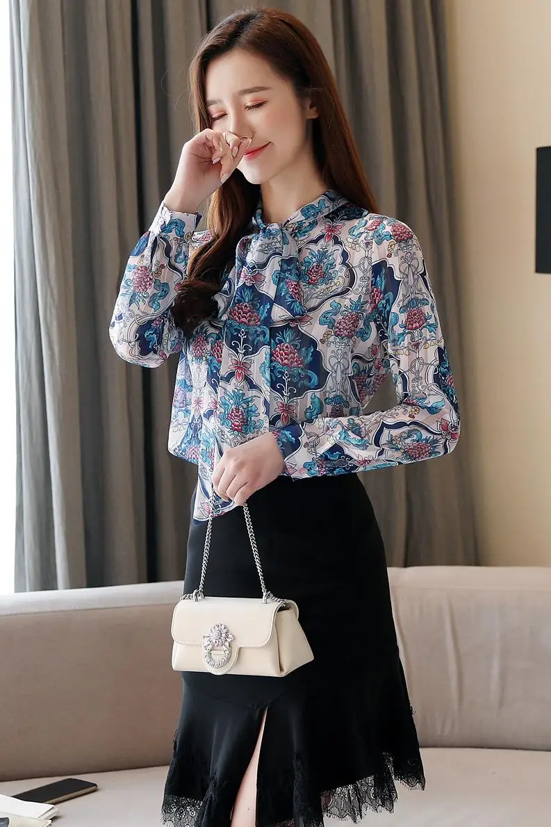 

New Long Sleeve Women's Blouse Printing Bow Shirt V-neck Chiffon Comfortable Casual Blouses Fashion Top Korean Summer