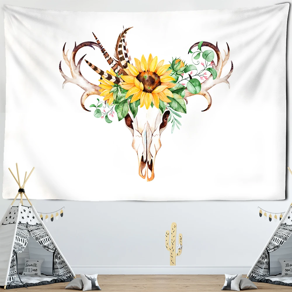 Простой мультяшный олень гобелен с изображением скелета Подсолнух перо узор