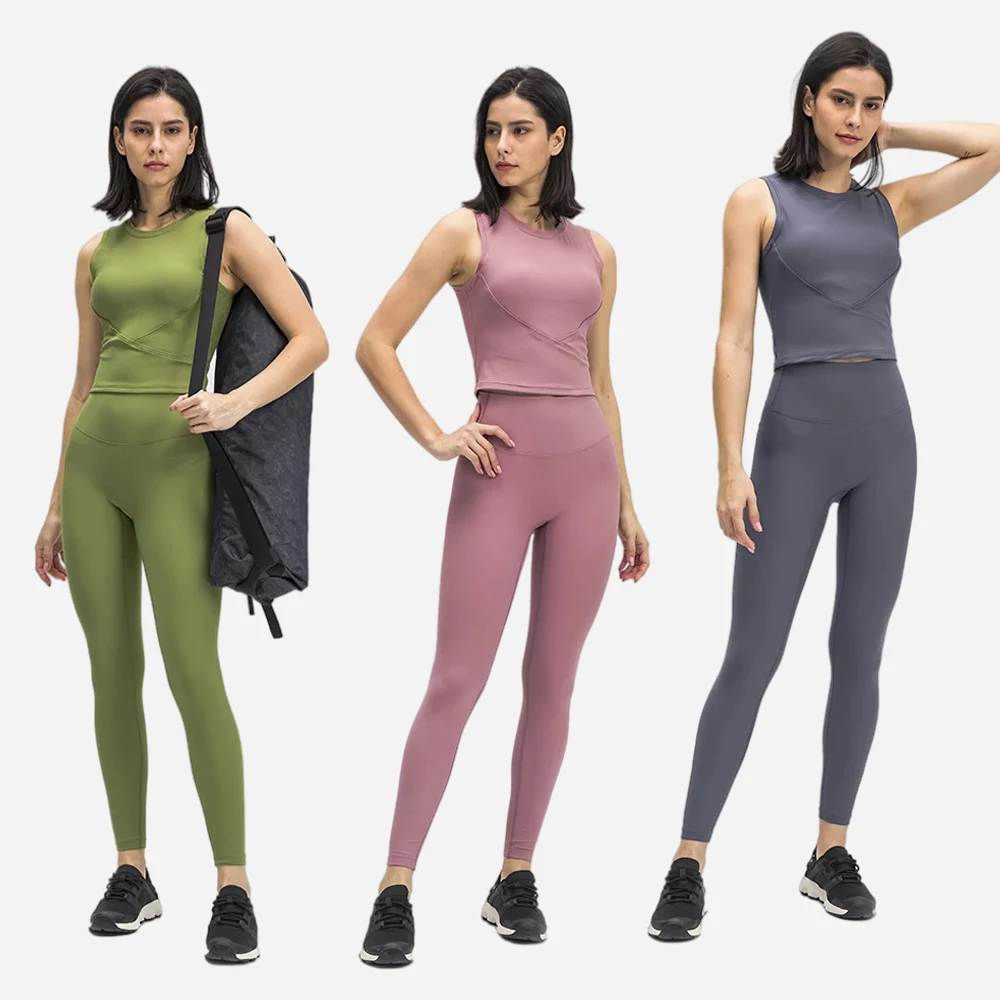 

Threaded Round Neck Seamless Yoga Workout Set 2 Piece Women Sports Vest Outfits Gym Sports Bra High Vaist Pants
