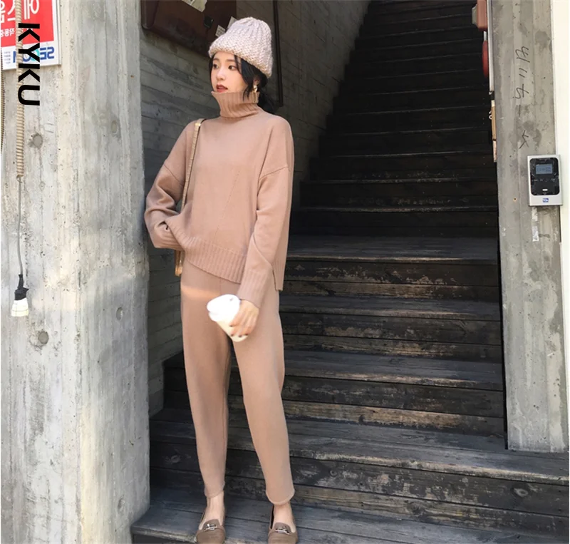 

Autumn spring knitted tracksuit turtleneck sweatshirts women suit clothing 2 piece set knit pant female pants suit