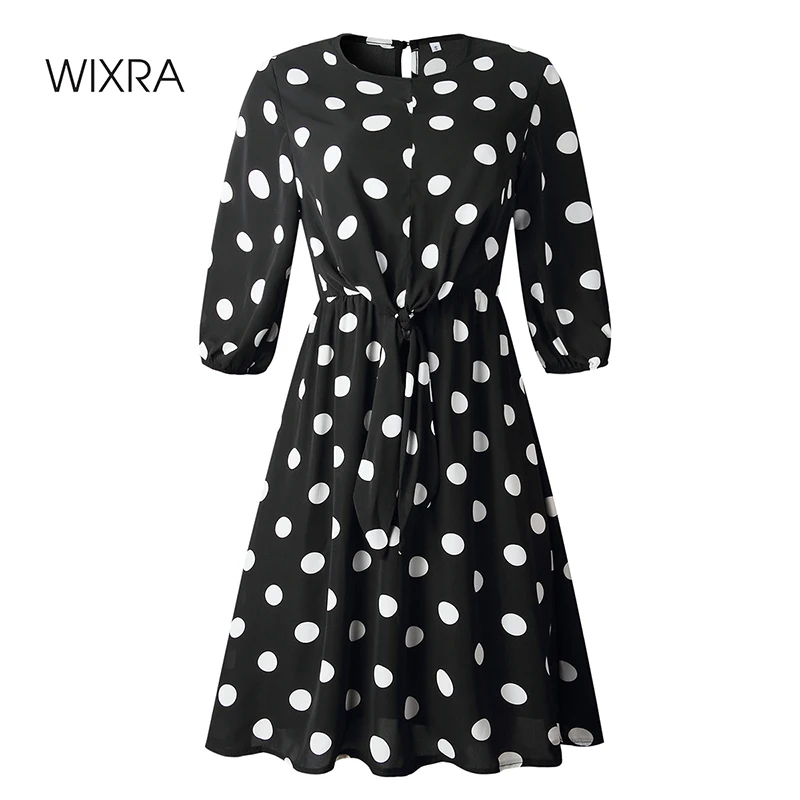 

Wixra Women's Dress With Sashes O Neck Elegant Three Quarter Sleeve Dot Print Knee Length Bottons 2020 Summer