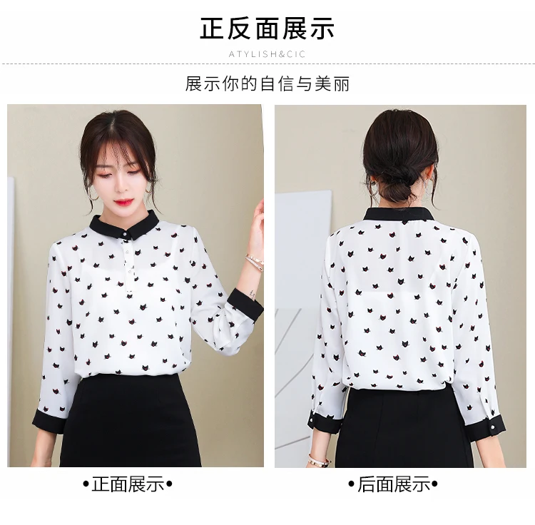 

Women's Blouses Fashion Tops Casual Shirts Polo Shirt Cat Print Blouse Loose Chiffon 3/4Sleeve Top Korean New Summer