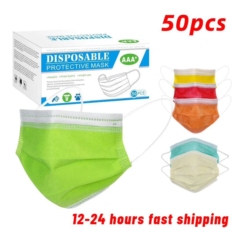 50 шт. 3 Слои Нетканая маска для лица взрослых зеленого цвета из мягкой дышащей