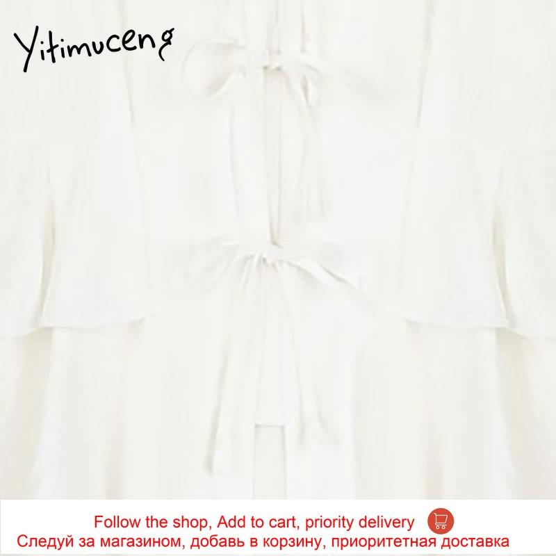 

Yitimuceng Ruffles Blouse Women Lace Up Shirt White Black Long Sleeve V-Neck Clothes 2021 Spring Summer Korean Fashion New Tops