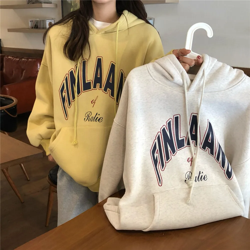 

Letter Print Sweatshirt Vintage Women Hoodies Gray Warm Winter Pullovers Sweatshirts velvet hicken Warm Hoodies Lady Autumn Top