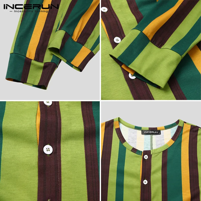 

Leisure Striped Onesies Homewear INCERUN Men Pajamas Jumpsuits Long Sleeve V Neck Rompers Sleepwear Fitness Button Nightgown 5XL