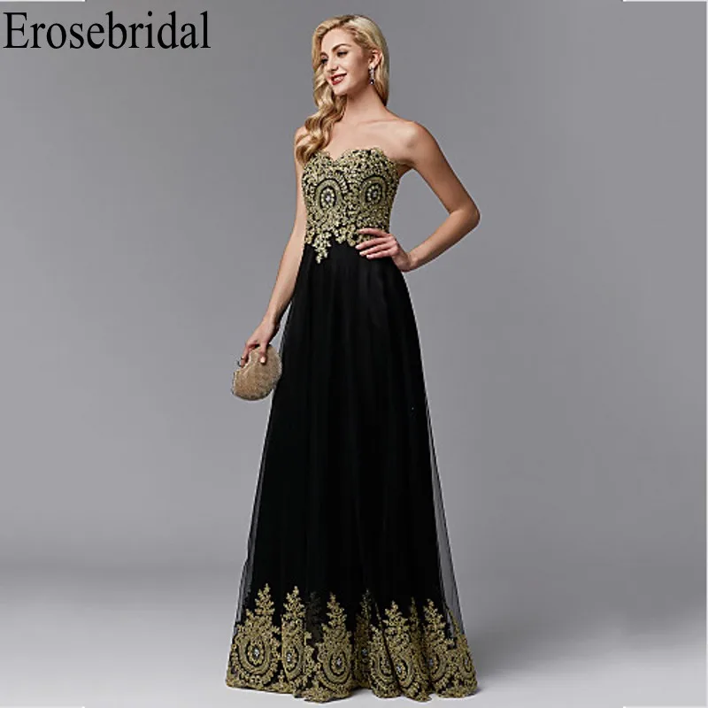 Женское вечернее платье на молнии сзади Erosebridal золотистое кружевное черное