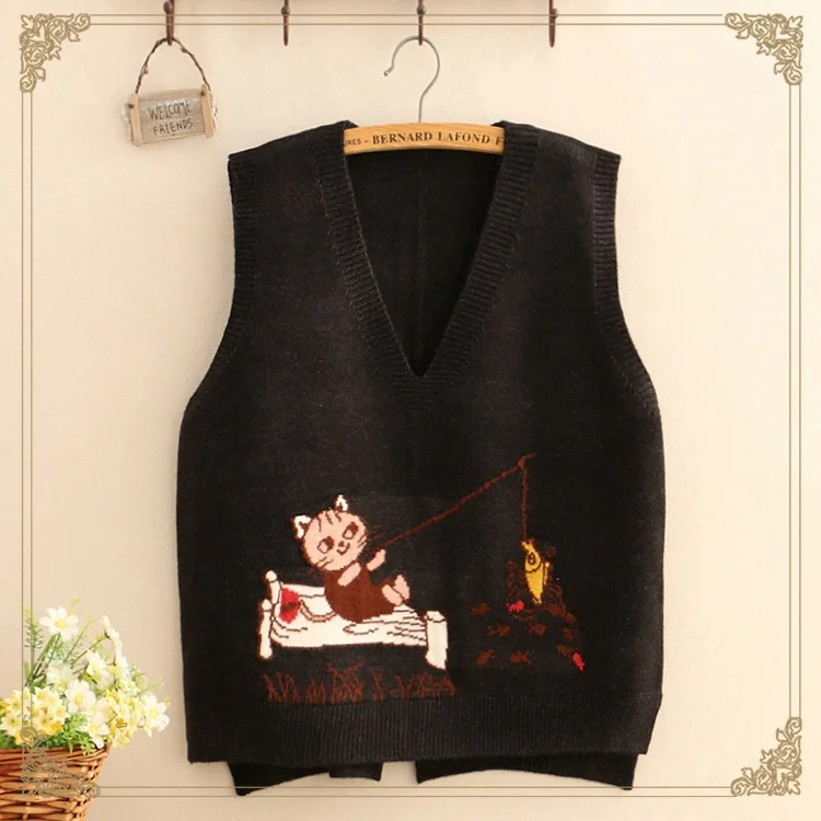 Повседневный милый жилет с мультяшным котом и рыбкой 5 цветов v образным вырезом