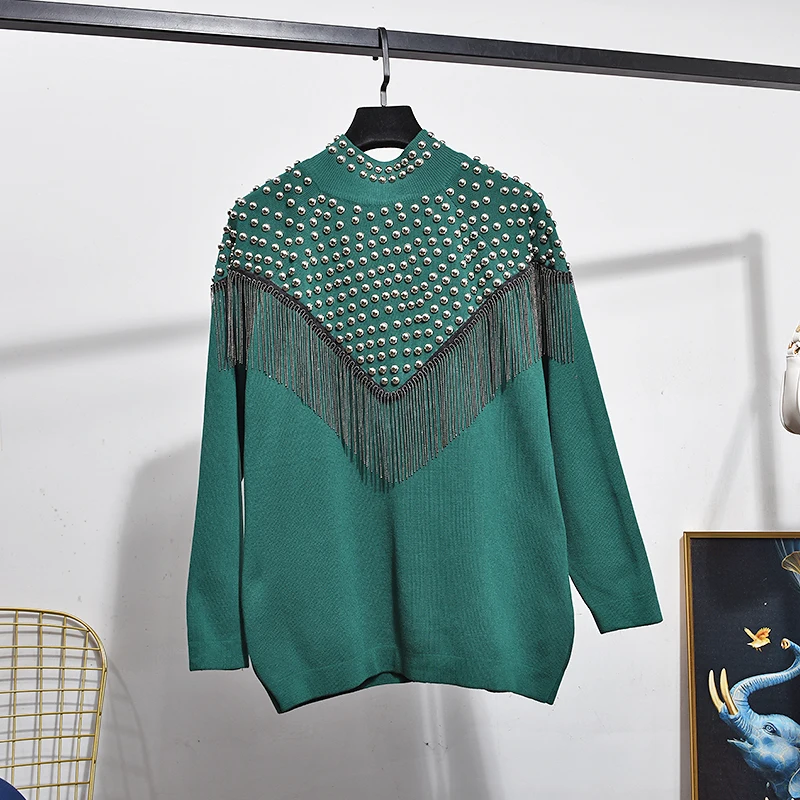 

Autumn Winter New Tassel Beaded Knitting Suit Cardigan Jacket Casual Trousers Women Two-Piece Sets Office Lady Elegant Korean
