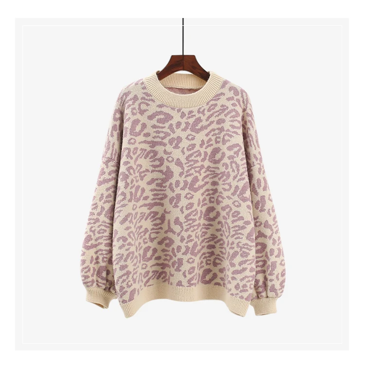 

Women Winter Leopard Pattern Design Knitted Sweater Long Sleeve Stretchy Loose Pullovers Female Stylish Chic Tops