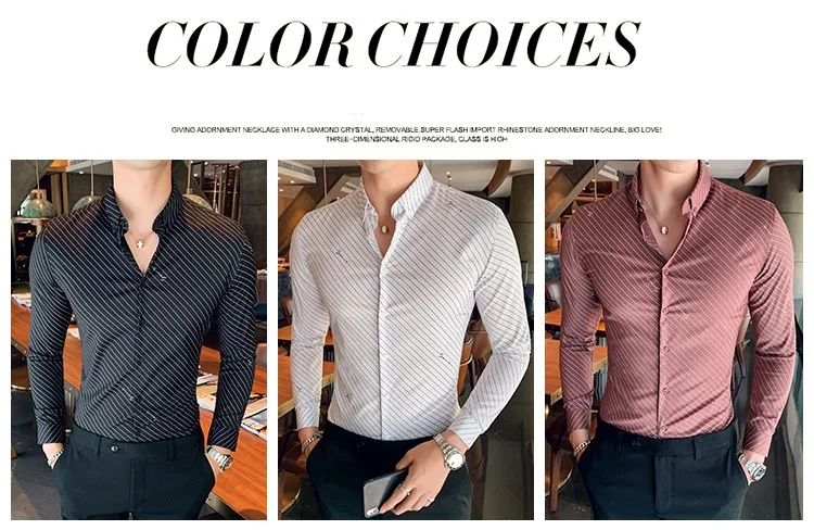 Chemise Homme британский стиль Для мужчин рубашка в полоску с длинными рукавами, высокое качество, отложной воротник, деловая, общественная рубашки Для мужчин клубный костюм-смокинг