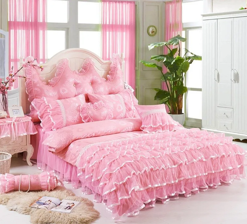 

Girls Princess style Lace Pink Bedding set Luxury Twin Queen King size Bed set Cotton Bed skirt Duvet cover set Soft Bedclothes