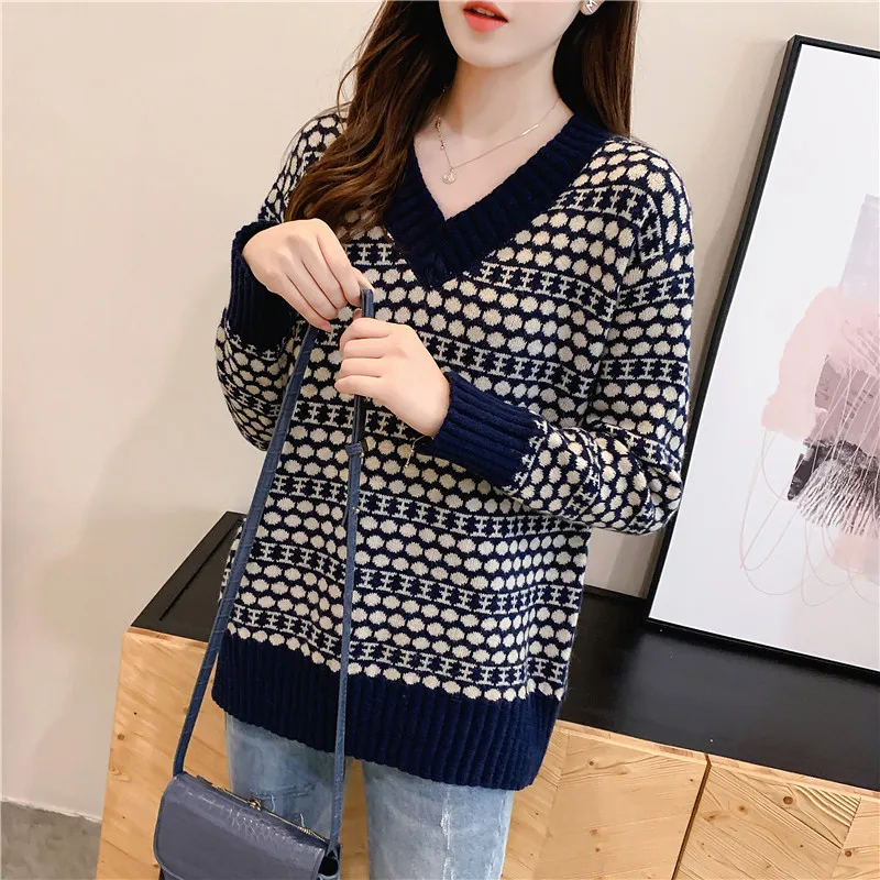 2019 Женский пуловер в горошек с воротником виде курицы и сердца длинными рукавами