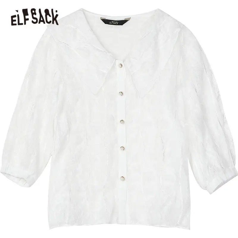 

ELFSACK White Solid Contrast Lace Casual Preppy Blouse Women 2020 Summer ELF Chic Button See-through Korean Ladies Daily Tops