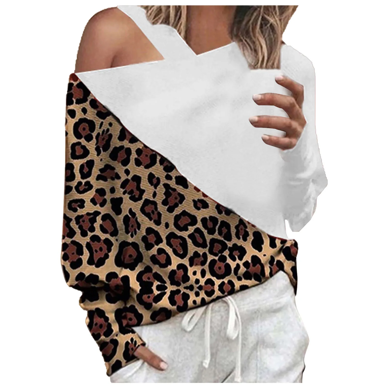 women sweetshirts Women Fashion Long Sleeve Blouse Splicing Sleeves Tops Chiffon Leopard Shirt