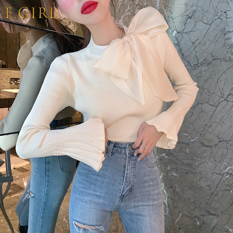 

Woherb Women Pullovers Sweater 2021 Korean Elegant Bow Lacing Knitted Fashion Bottoming Jumper Office Ladies Tops Pull Femme