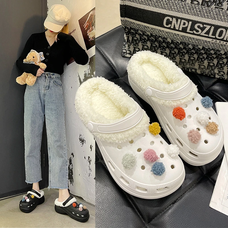

Winter Women Platform Plush Cartoon Slippers Female Furry Thick Bottom Slides Girls Heighten Garden Shoes Woman Hole Shoes Clogs