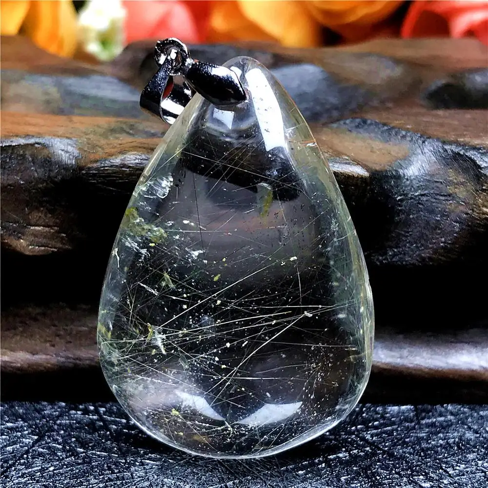 

Top Natural Gold Rutilated Quartz Pendant Jewelry For Woman Man Wealth Love Healing Gift 36x25x13mm Beads Silver Crystal AAAAA