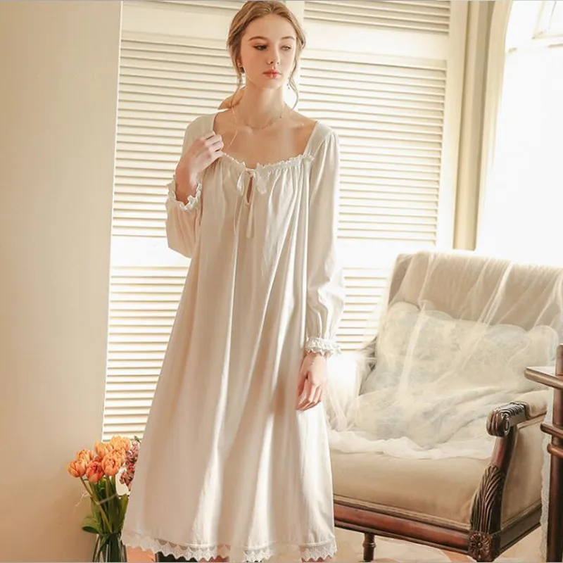 2021 Women White Nightgown Sleepwear Lady Spring Autumn Long Sleeve Nightdress Loose Princess Nightgowns Comfortable Pure Cotton