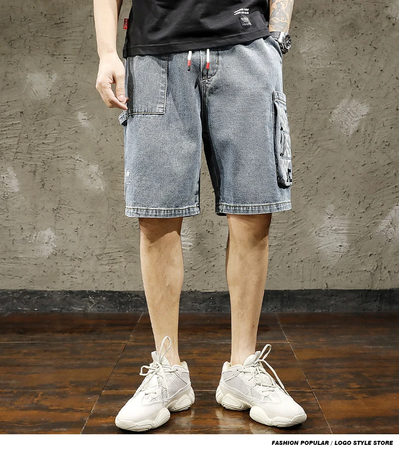 

Large pocket printed cargo jean shorts Men's baggy jeans shorts in large size with a tight waist