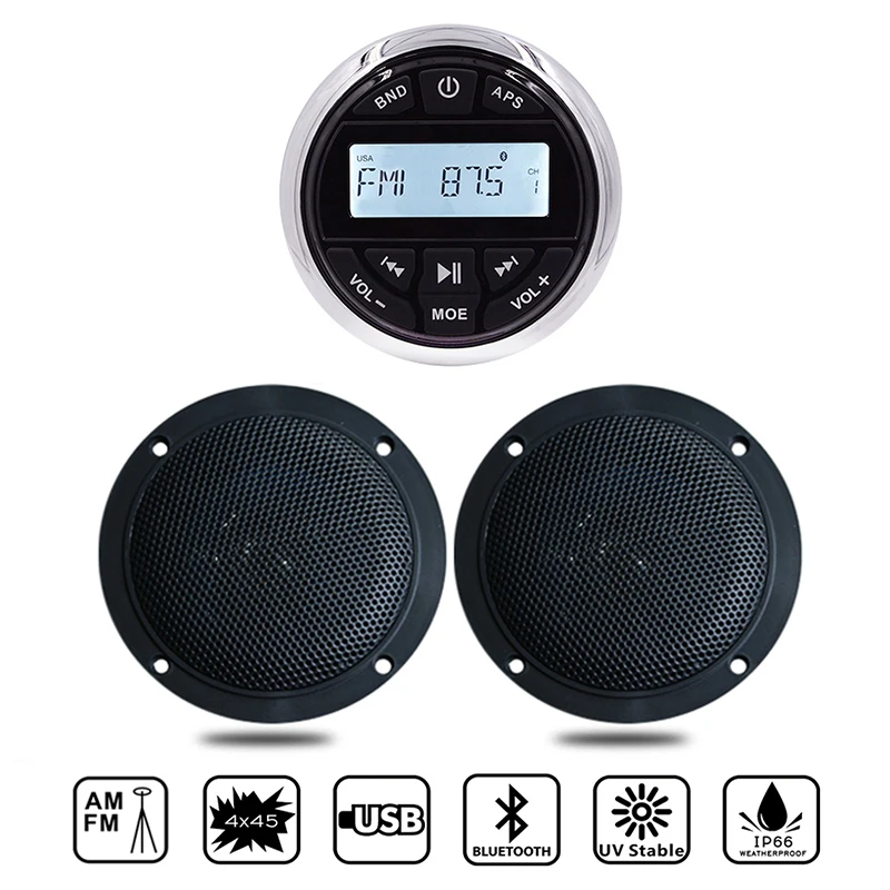 Фото Водонепроницаемый морской аудио Bluetooth приемник лодка стерео радио FM AM MP3 плеер + 4inch морских Динамик для ATV бассейн Yacht мотоцикла №1