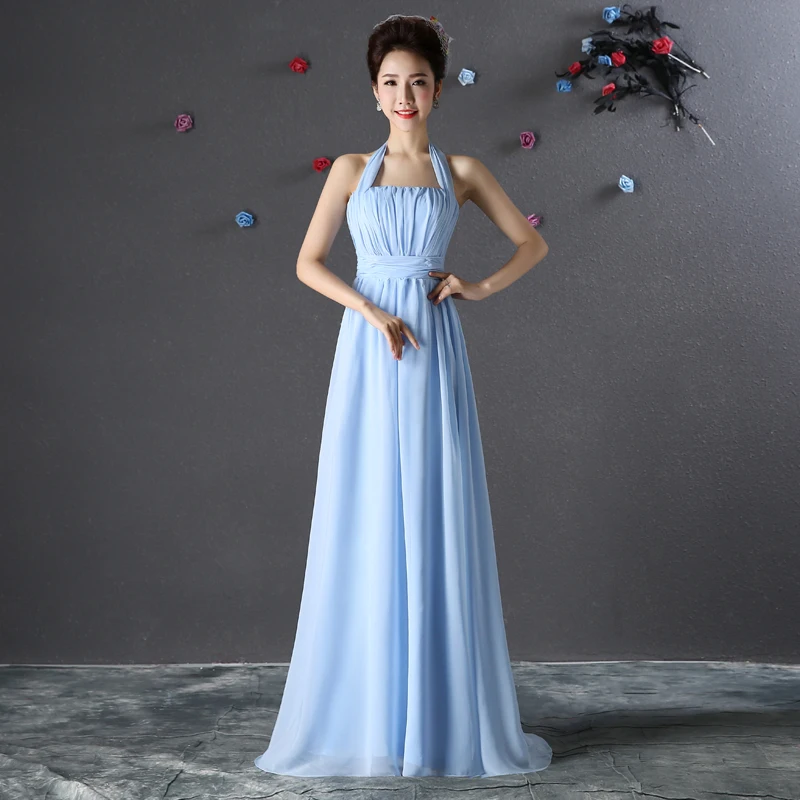 Синее длинное шифоновое платье для подружки невесты элегантное праздничное