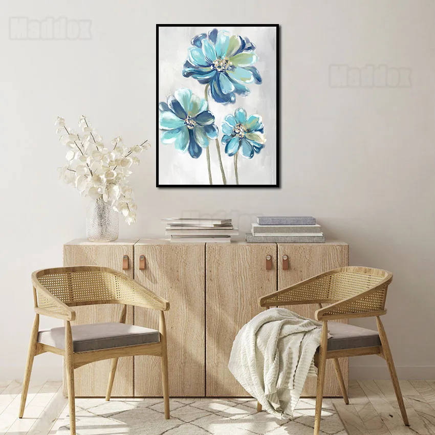 

Flower Picture Frameless Original Hand-Painted Creative Blue Petals Color Stamen Flowers Ink Painting Living Room Decor Pictures