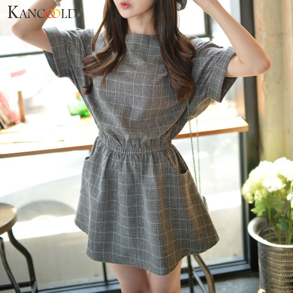KANCOOLD платье модное женское одноцветное клетчатое свободное в талии с коротким