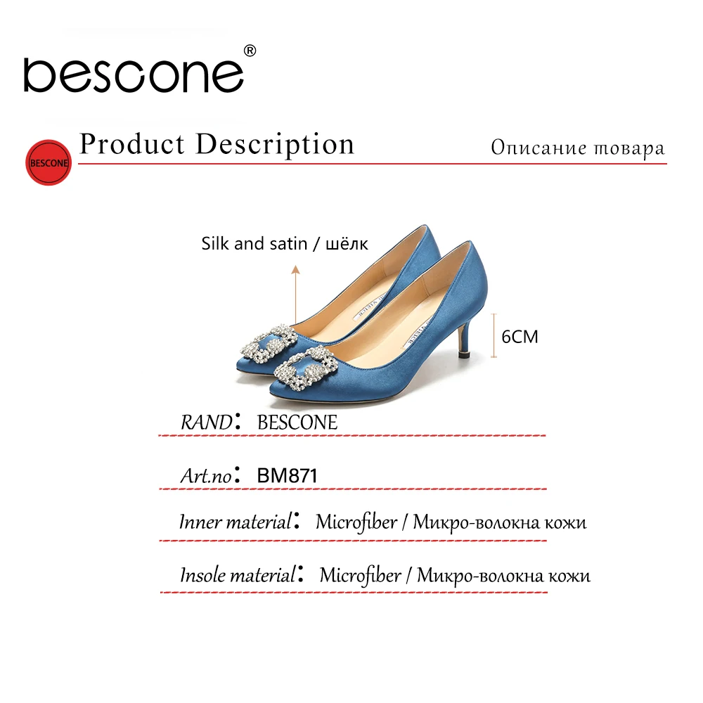 

BESCONE Spring Autumn High Thin Heel Dress Pumps Shoes For Women Pointed Toe Crystal Elegant Style Sexy Basic Woman Shoes BM871