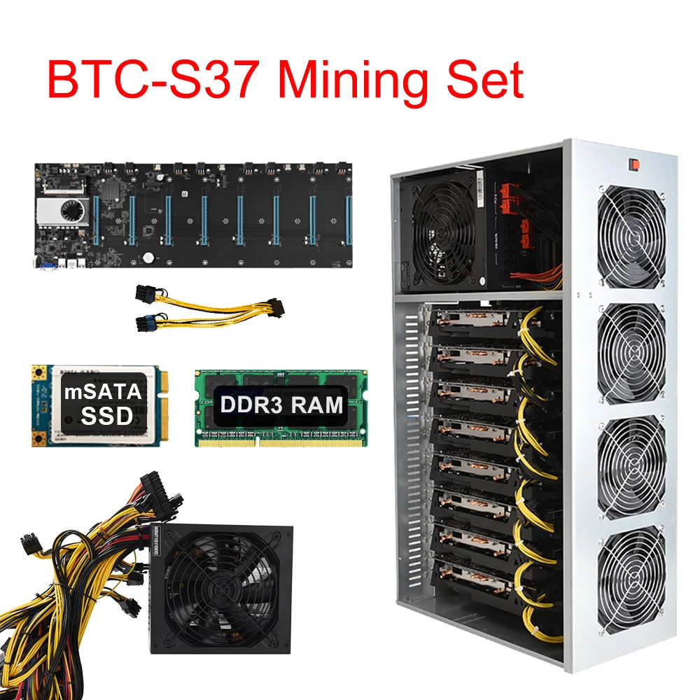 BTC-S37 Mining Sets Miner Chassis Rig Motherboard For 8 GPU 1850W PSU 8GB DDR3 128GB SSD 4 Cooling Fans For Bitcoin ETC Mining