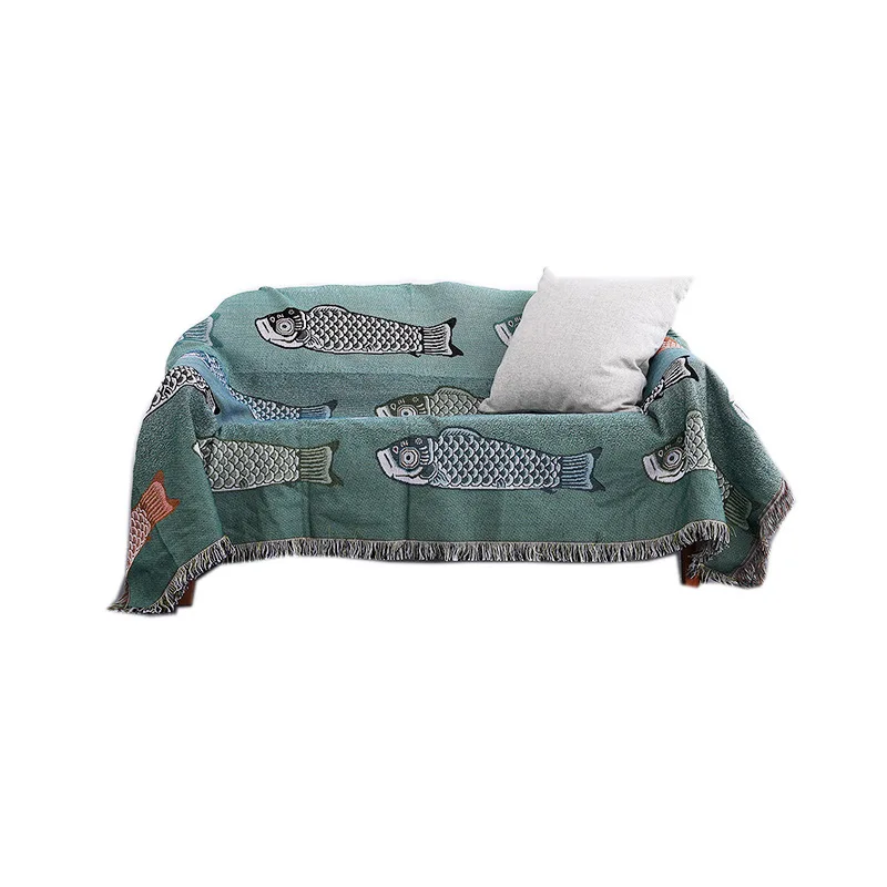 

Fish Pattern Sofa Cover Bed Blanket Home Decor Throw Blanket for Bed Blanket Bohemia Multi-function Sofa Tassel Blanket