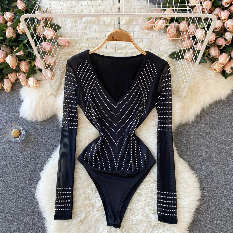 

2021 new women's heavy industry hot drilling sexy V-neck stretch Bodysuits long-sleeved T-shirt women shirt one-piece Bodysuits