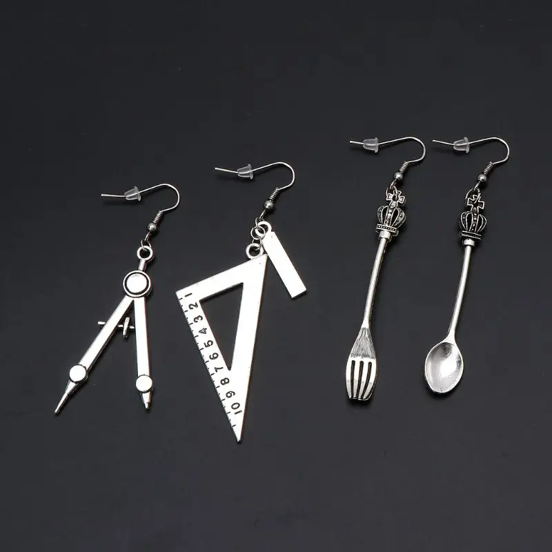 Асимметричные серьги в стиле Харадзюку вилка треугольник линейка античное